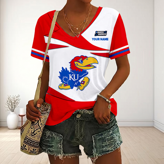 SPECIAL EDITON - NEW CUSTOMIZED MAM NCAA01 KSJ KS JAYHAWKS V-NECK FEMALE SHIRT