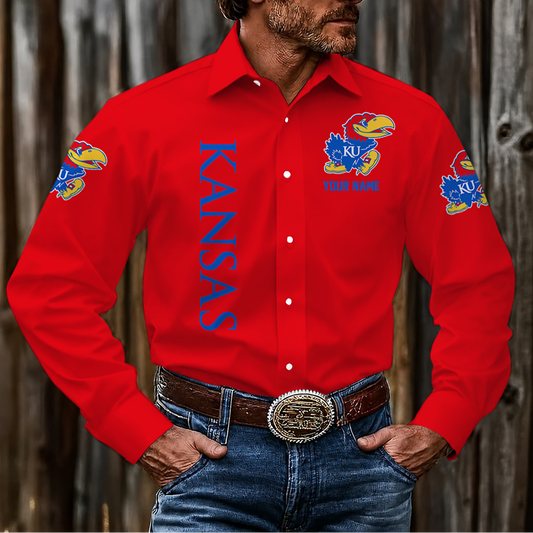 VIRAL EDITION - NEW CUSTOMIZED NCAA MAM01 KSJ KANSAS JAYHAWKS MEN'S LONG SLEEVE BUTTON-UP SHIRT