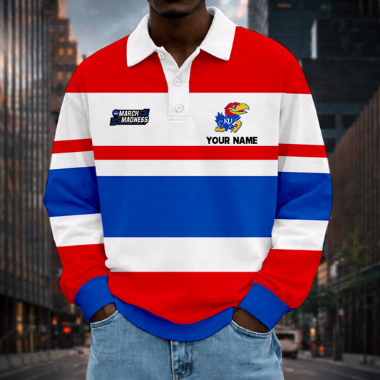 VIRAL EDITION - NEW CUSTOMIZED MAM NCAA01 KSJ KS JAYHAWKS UNISEX LONG SLEEVE POLO