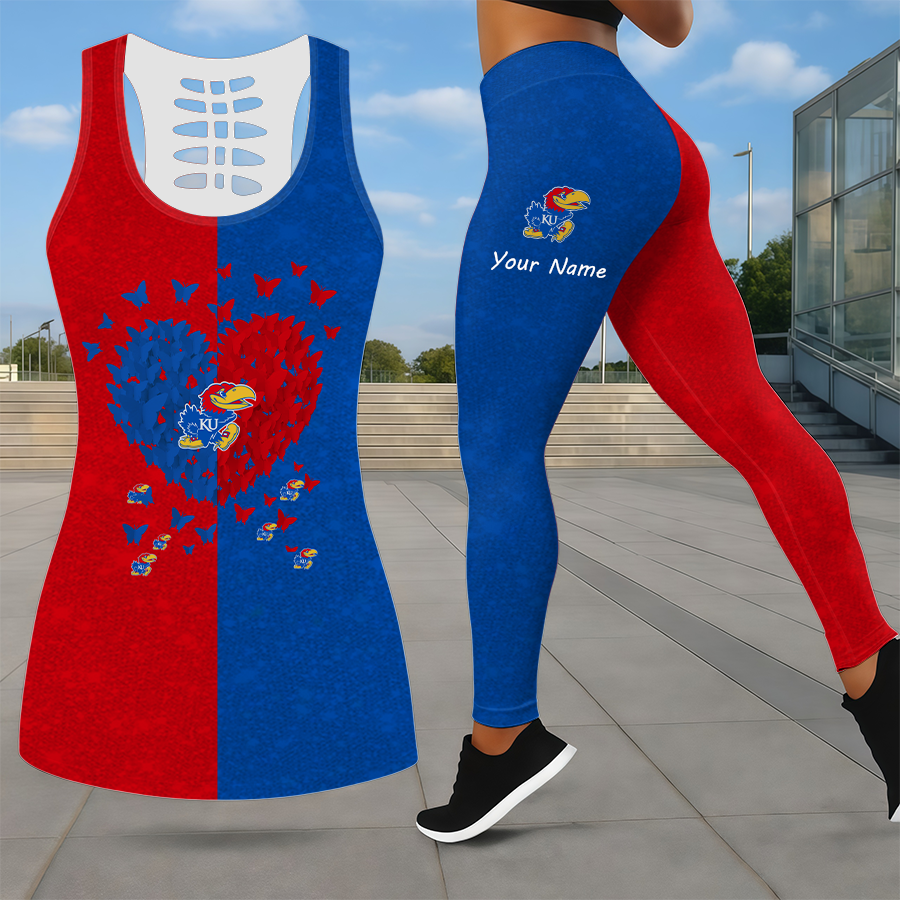MEGA SALE - NEW CUSTOMIZED NCAA MAM01 KSJ KANSAS JAYHAWKS LEGGINGS & HOLLOW TANK TOP SET