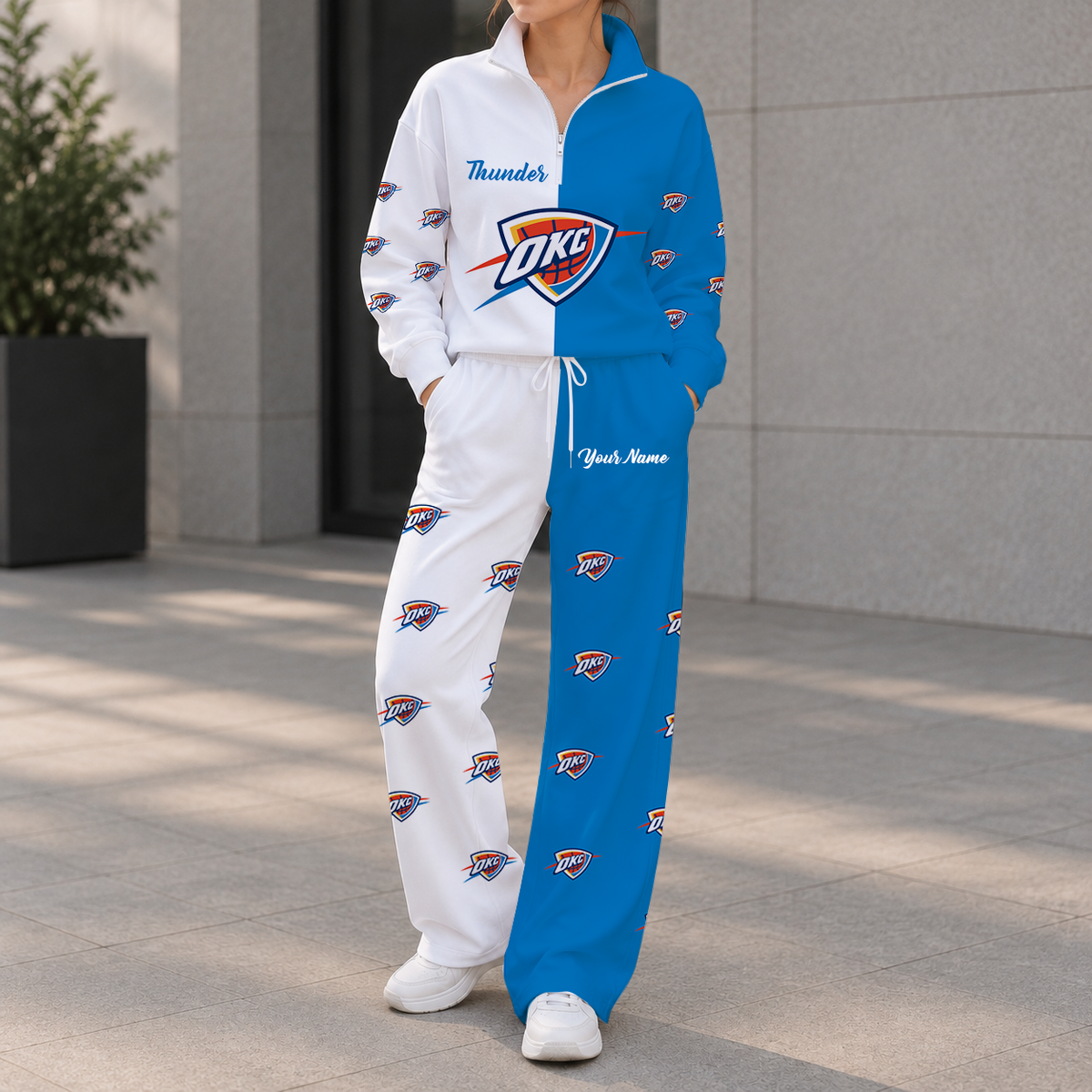 EXCLUSIVE EDITION - NEW CUSTOMIZED NBA01 OCT OKLAHOMA CITY THUNDER ZIPPER SWEATSHIRT & WIDE LEG PANTS SET