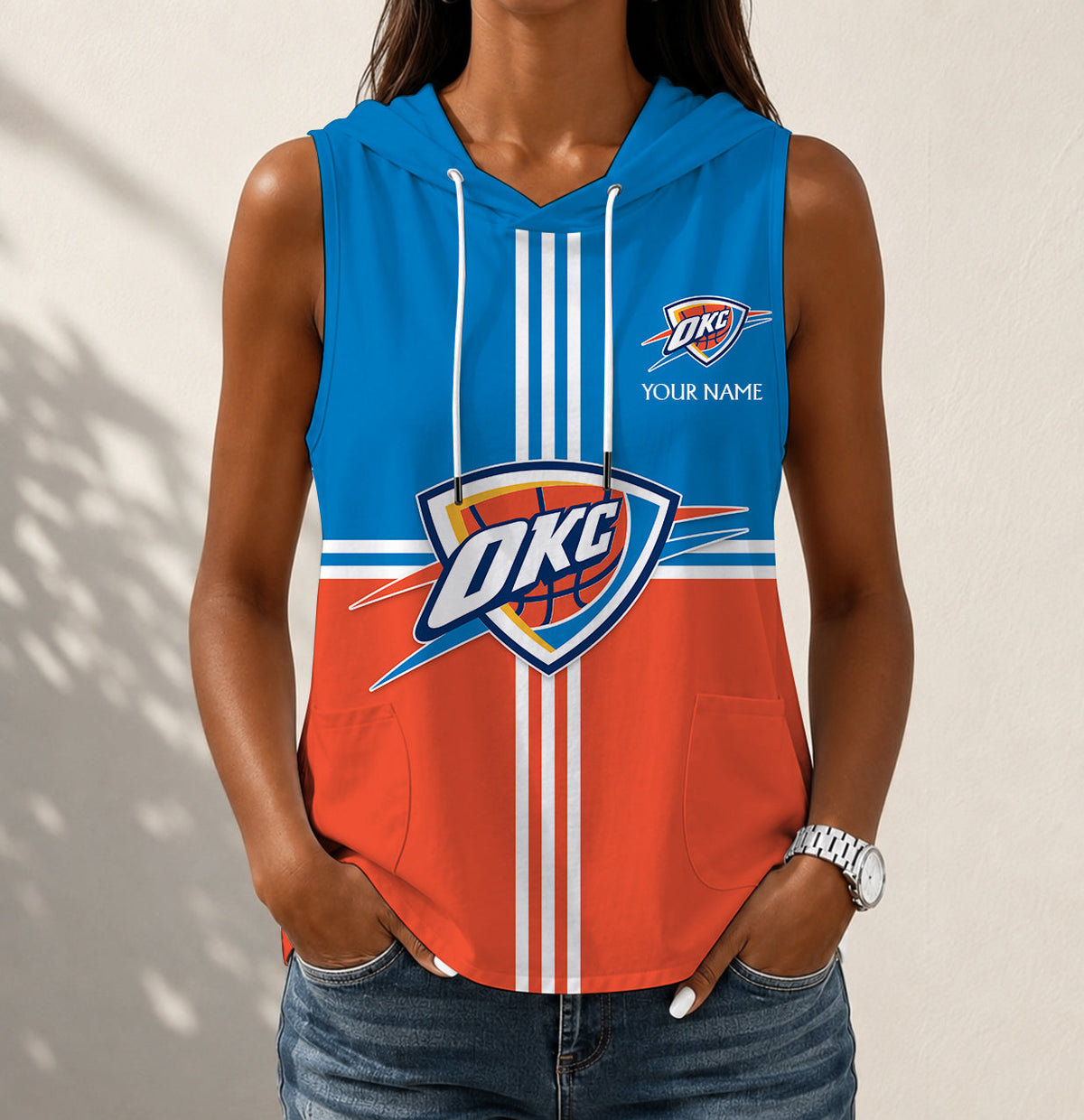 HOT DEAL - NEW CUSTOMIZED NBA01 OCT OKLAHOMA CITY THUNDER WOMEN'S SLEEVELESS HOODED POCKET TANK TOP