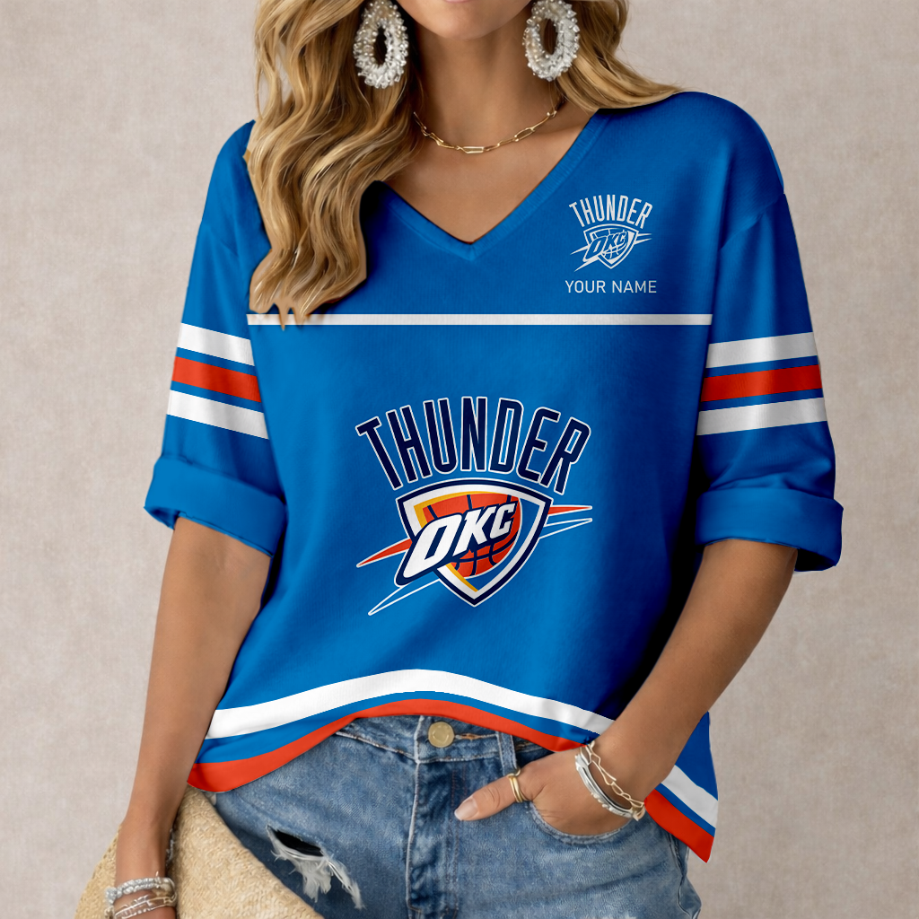 ELITE EDITION - NEW CUSTOMIZED OCT OKLAHOMA CITY THUNDER WOMEN'S HEART V-NECK LONG SLEEVE SHIRT - NBA01