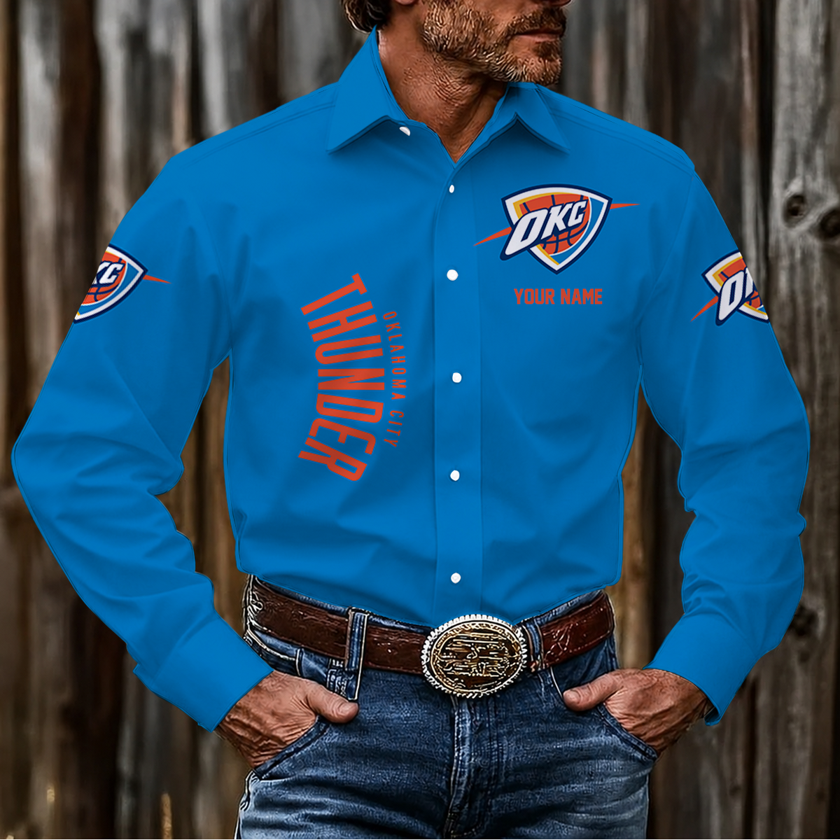 HOT DEAL - NEW CUSTOMIZED NBA01 OCT OKLAHOMA CITY THUNDER MEN'S LONG SLEEVE BUTTON-UP SHIRT