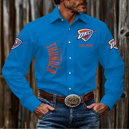 HOT DEAL - NEW CUSTOMIZED NBA01 OCT OKLAHOMA CITY THUNDER MEN'S LONG SLEEVE BUTTON-UP SHIRT