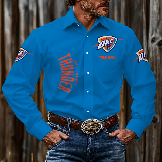 HOT DEAL - NEW CUSTOMIZED NBA01 OCT OKLAHOMA CITY THUNDER MEN'S LONG SLEEVE BUTTON-UP SHIRT