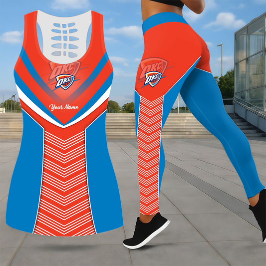 ELITE EDITION - NEW CUSTOMIZED NBA01 OCT OKLAHOMA CITY THUNDER LEGGINGS & HOLLOW TANK TOP SET