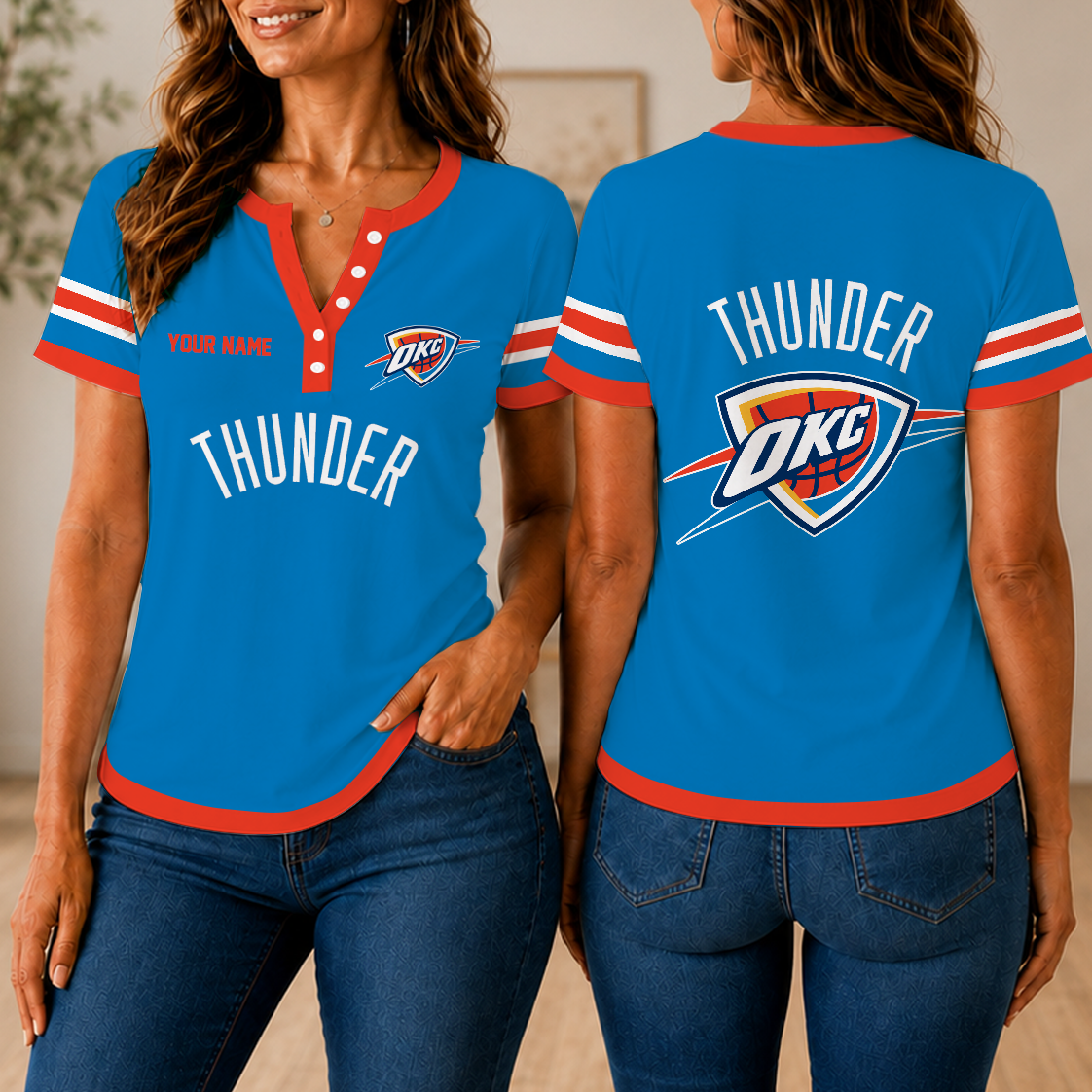 VIRAL EDITION - NEW CUSTOMIZED NBA01 OCT OKLAHOMA CITY THUNDER  WOMEN'S SHORT SLEEVE HENLEY T-SHIRT