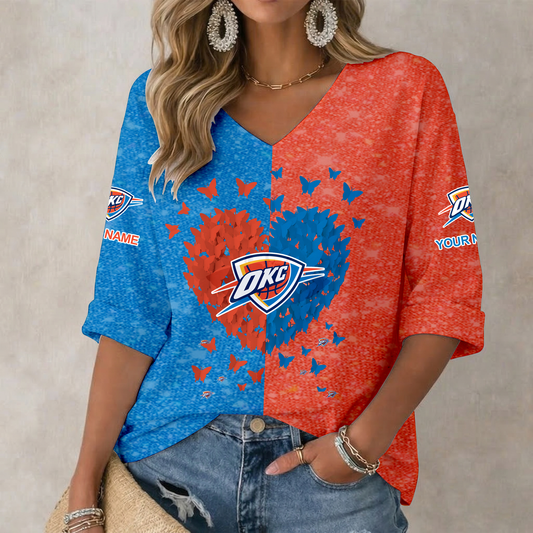 SPECIAL EDITION - NEW CUSTOMIZED OCT OKLAHOMA CITY THUNDER WOMEN'S HEART V-NECK LONG SLEEVE SHIRT - NBA01