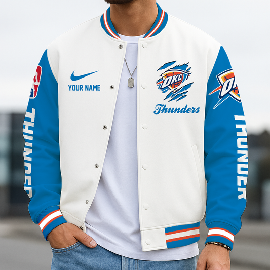 LIMITED DROP - NEW CUSTOMIZE OCT OKC THUNDER BASEBALL JACKET, SATIN VARSITY JACKET - NBA01