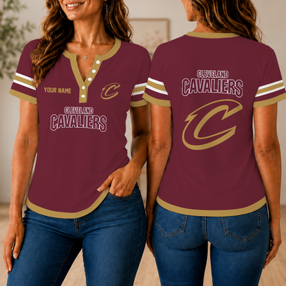 VIRAL EDITION - NEW CUSTOMIZED NBA02 CCA CLEVELAND CAVALIERS  WOMEN'S SHORT SLEEVE HENLEY T-SHIRT