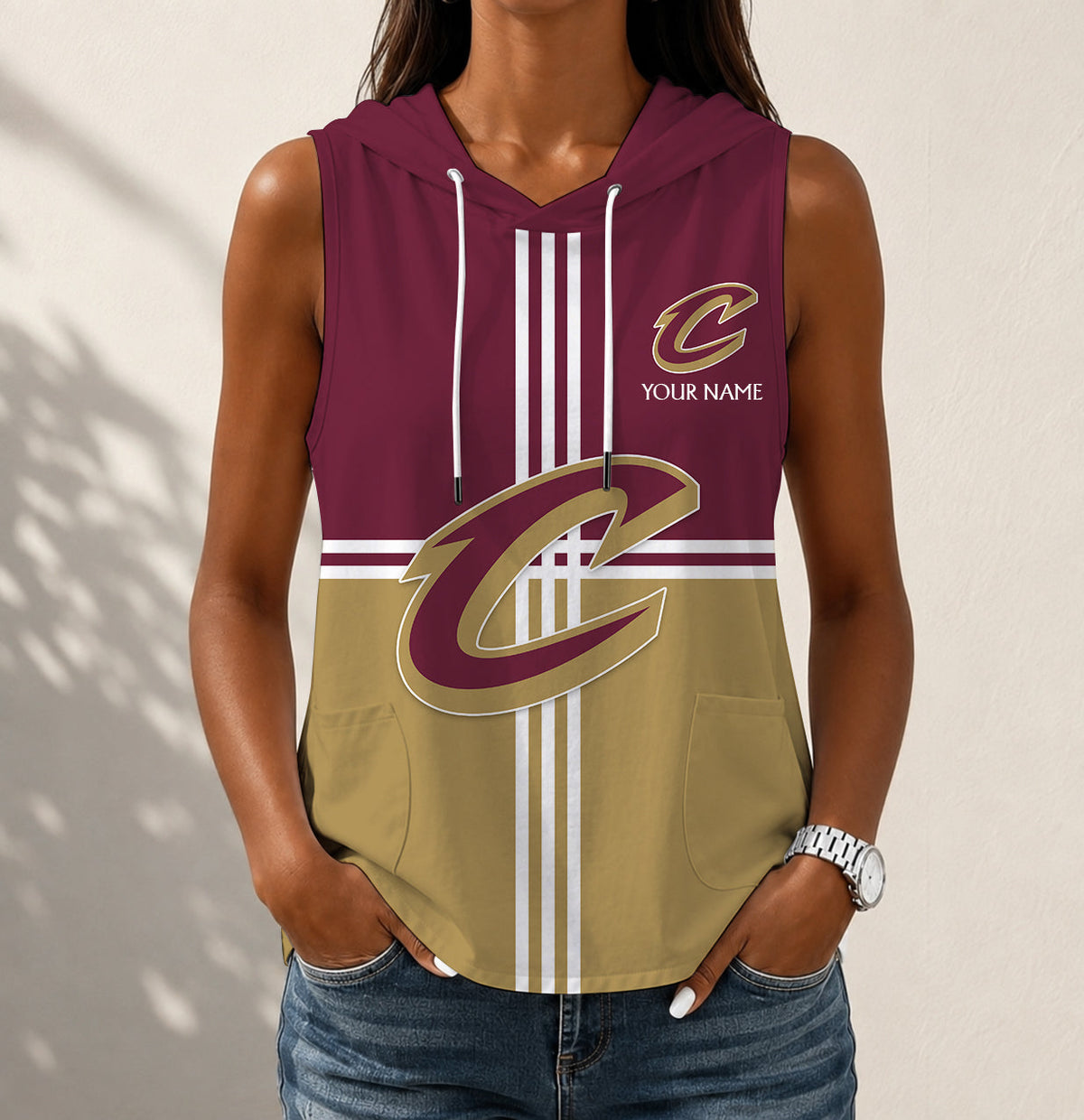 HOT DEAL - NEW CUSTOMIZED NBA02 CCA CLEVELAND CAVALIERS WOMEN'S SLEEVELESS HOODED POCKET TANK TOP