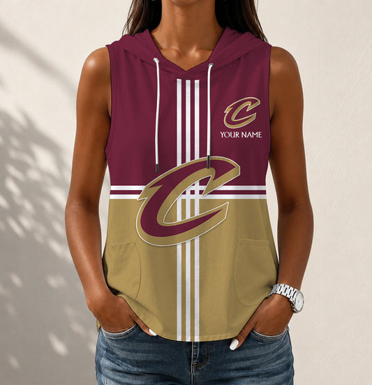 HOT DEAL - NEW CUSTOMIZED NBA02 CCA CLEVELAND CAVALIERS WOMEN'S SLEEVELESS HOODED POCKET TANK TOP