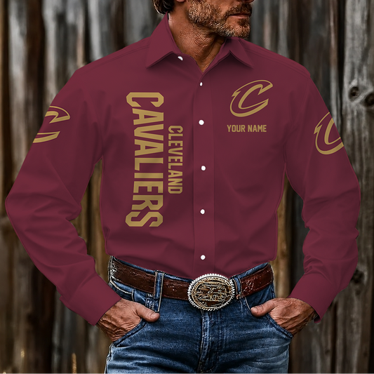 HOT DEAL - NEW CUSTOMIZED NBA02 CCA CLEVELAND CAVALIERS MEN'S LONG SLEEVE BUTTON-UP SHIRT