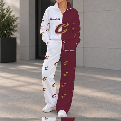EXCLUSIVE EDITION - NEW CUSTOMIZED NBA02 CCA CLEVELAND CAVALIERS ZIPPER SWEATSHIRT & WIDE LEG PANTS SET
