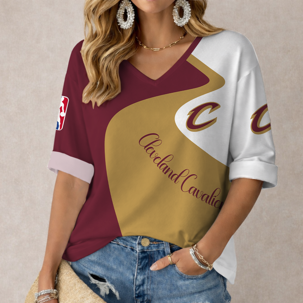 EXCLUSIVE EDITION - NEW CUSTOMIZED NBA02 CCA CLEVELAND CAVALIERS WOMEN'S V-NECK LONG SLEEVE SHIRT