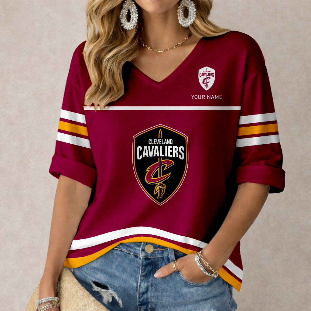 ELITE EDITION - NEW CUSTOMIZED CCA CLEVELAND CAVALIERS WOMEN'S HEART V-NECK LONG SLEEVE SHIRT - NBA02