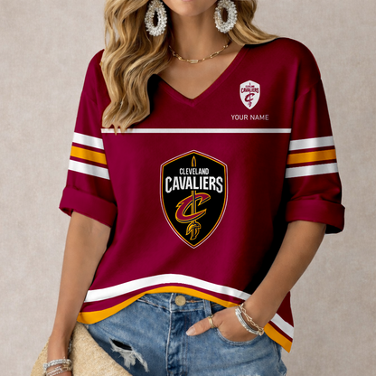 ELITE EDITION - NEW CUSTOMIZED CCA CLEVELAND CAVALIERS WOMEN'S HEART V-NECK LONG SLEEVE SHIRT - NBA02