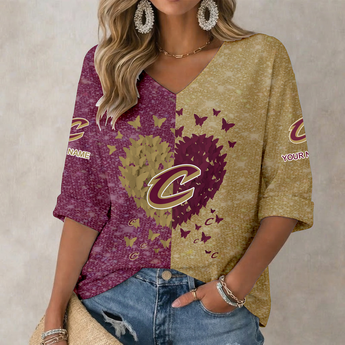 SPECIAL EDITION - NEW CUSTOMIZED CCA CLEVELAND CAVALIERS WOMEN'S HEART V-NECK LONG SLEEVE SHIRT - NBA02