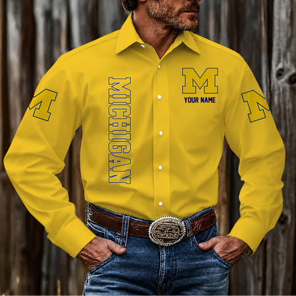 VIRAL EDITION - NEW CUSTOMIZED NCAA MAM02 MIW MICHIGAN WOLVERINES MEN'S LONG SLEEVE BUTTON-UP SHIRT