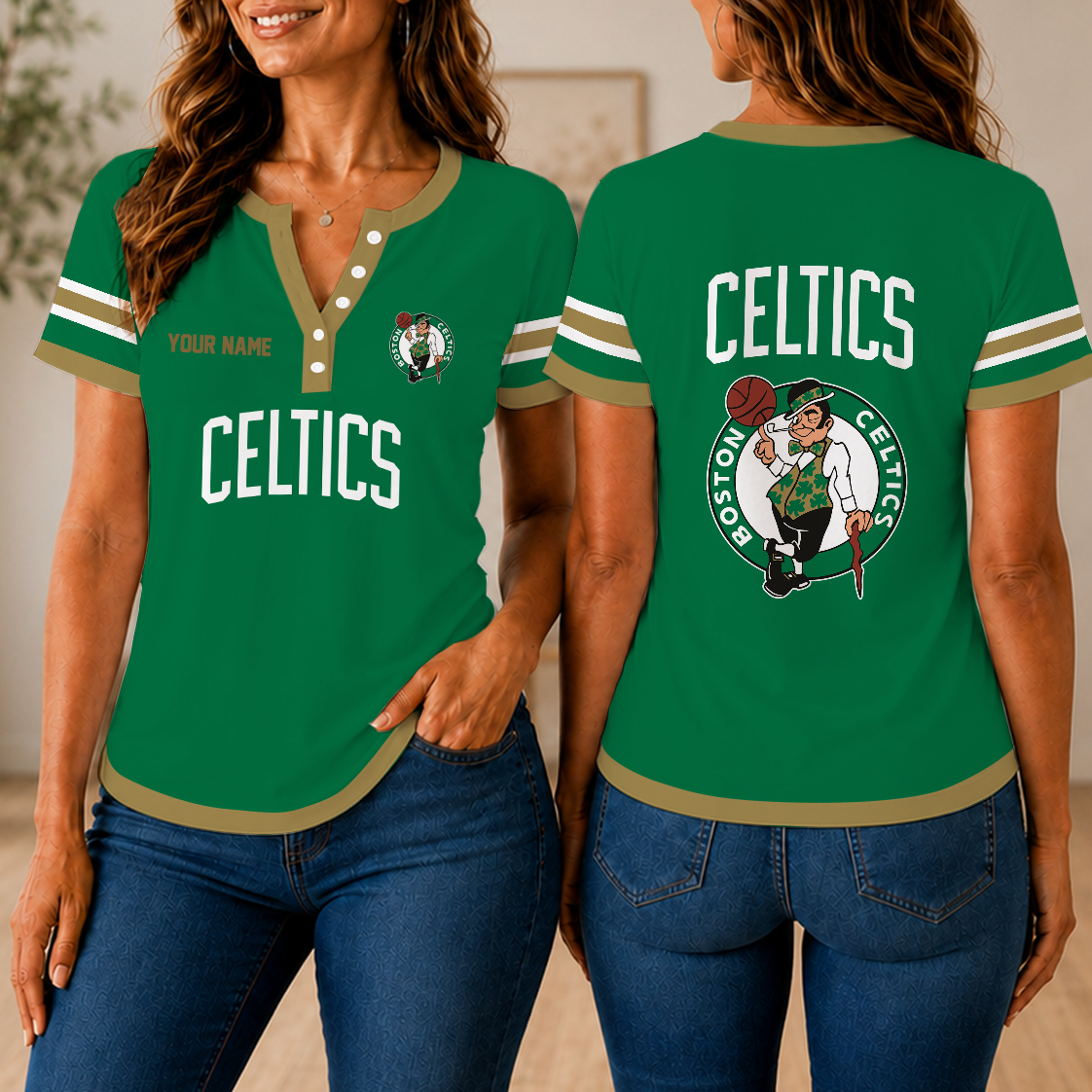VIRAL EDITION - NEW CUSTOMIZED NBA03 BCE BOSTON CELTICS  WOMEN'S SHORT SLEEVE HENLEY T-SHIRT