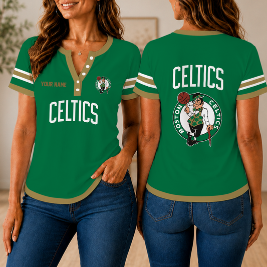 VIRAL EDITION - NEW CUSTOMIZED NBA03 BCE BOSTON CELTICS  WOMEN'S SHORT SLEEVE HENLEY T-SHIRT