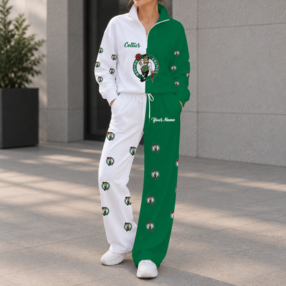 EXCLUSIVE EDITION - NEW CUSTOMIZED NBA03 BCE BOSTON CELTICS ZIPPER SWEATSHIRT & WIDE LEG PANTS SET