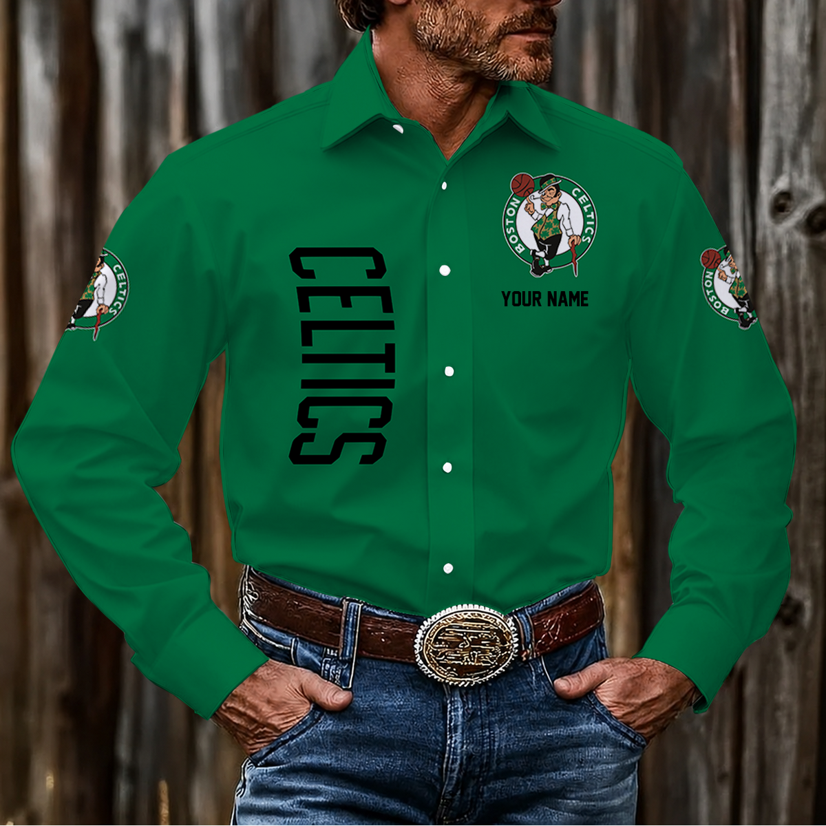 HOT DEAL - NEW CUSTOMIZED NBA03 BCE BOSTON CELTICS MEN'S LONG SLEEVE BUTTON-UP SHIRT