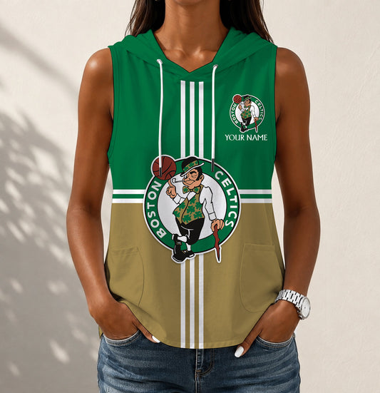 HOT DEAL - NEW CUSTOMIZED NBA03 BCE BOSTON CELTICS WOMEN'S SLEEVELESS HOODED POCKET TANK TOP