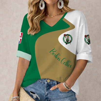 EXCLUSIVE EDITION - NEW CUSTOMIZED NBA03 BCE BOSTON CELTICS WOMEN'S V-NECK LONG SLEEVE SHIRT