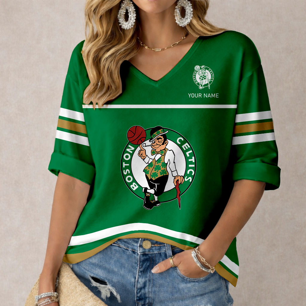 ELITE EDITION - NEW CUSTOMIZED BCE BOSTON CELTICS WOMEN'S HEART V-NECK LONG SLEEVE SHIRT - NBA03