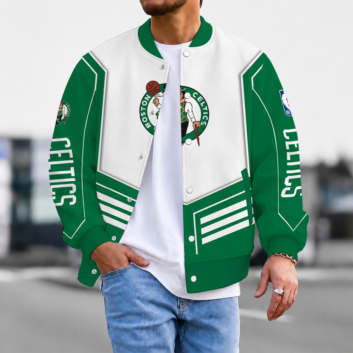 LIMITED DROP - NEW CUSTOMIZED BCE BOSTON CELTICS BASEBALL JACKET, SATIN VARSITY JACKET - NBA03