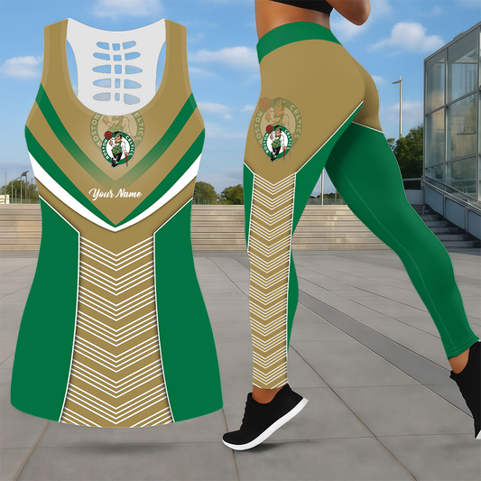 ELITE EDITION - NEW CUSTOMIZED NBA03 BCE BOSTON CELTICS LEGGINGS & HOLLOW TANK TOP SET