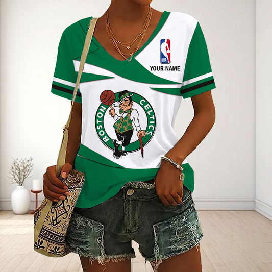 EXCLUSIVE EDITION - NEW CUSTOMIZED NBA03 BCE BOSTON CELTICS V-NECK FEMALE SHIRT