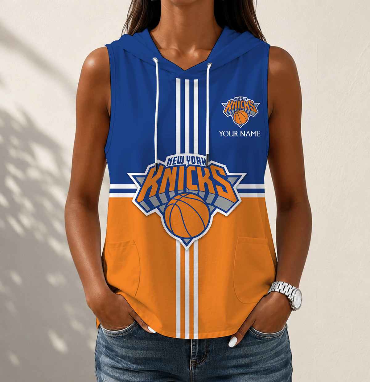 HOT DEAL - NEW CUSTOMIZED NBA04 NYK NEW YORK KNICKS WOMEN'S SLEEVELESS HOODED POCKET TANK TOP