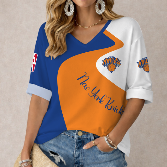 EXCLUSIVE EDITION - NEW CUSTOMIZED NBA04 NYK NEW YORK KNICKS WOMEN'S V-NECK LONG SLEEVE SHIRT