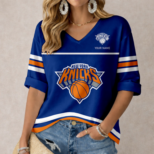 ELITE EDITION - NEW CUSTOMIZED NYK NEW YORK KNICKS WOMEN'S HEART V-NECK LONG SLEEVE SHIRT - NBA04