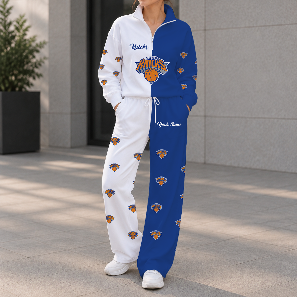 EXCLUSIVE EDITION - NEW CUSTOMIZED NBA04 NYK NEW YORK KNICKS ZIPPER SWEATSHIRT & WIDE LEG PANTS SET