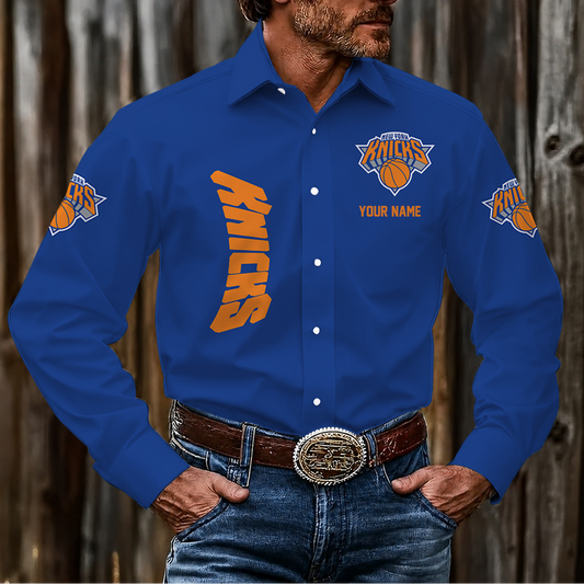 HOT DEAL - NEW CUSTOMIZED NBA04 NYK NEW YORK KNICKS MEN'S LONG SLEEVE BUTTON-UP SHIRT