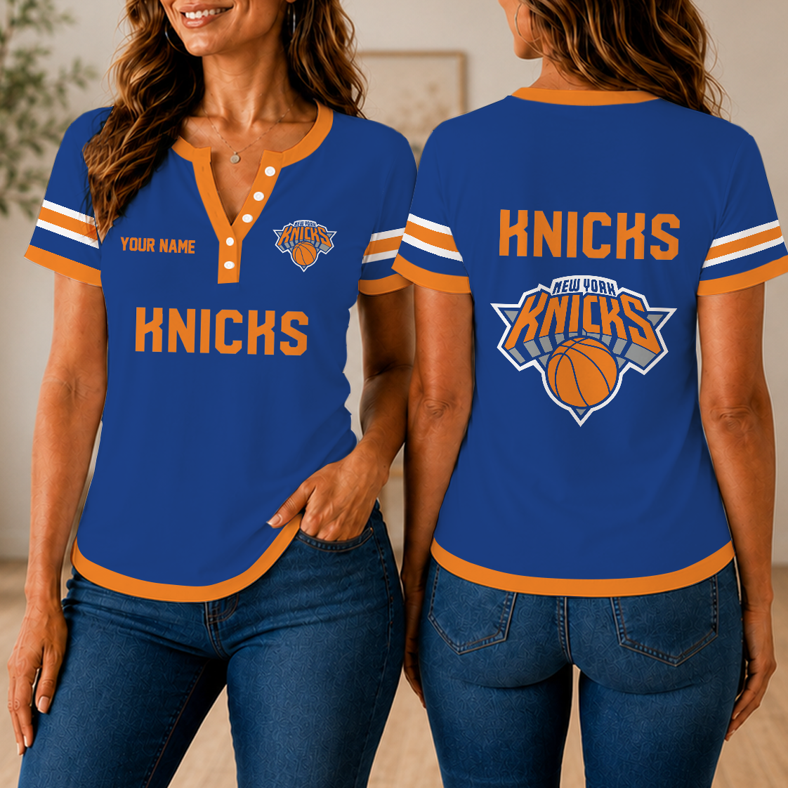 VIRAL EDITION - NEW CUSTOMIZED NBA04 NYK NEW YORK KNICKS  WOMEN'S SHORT SLEEVE HENLEY T-SHIRT