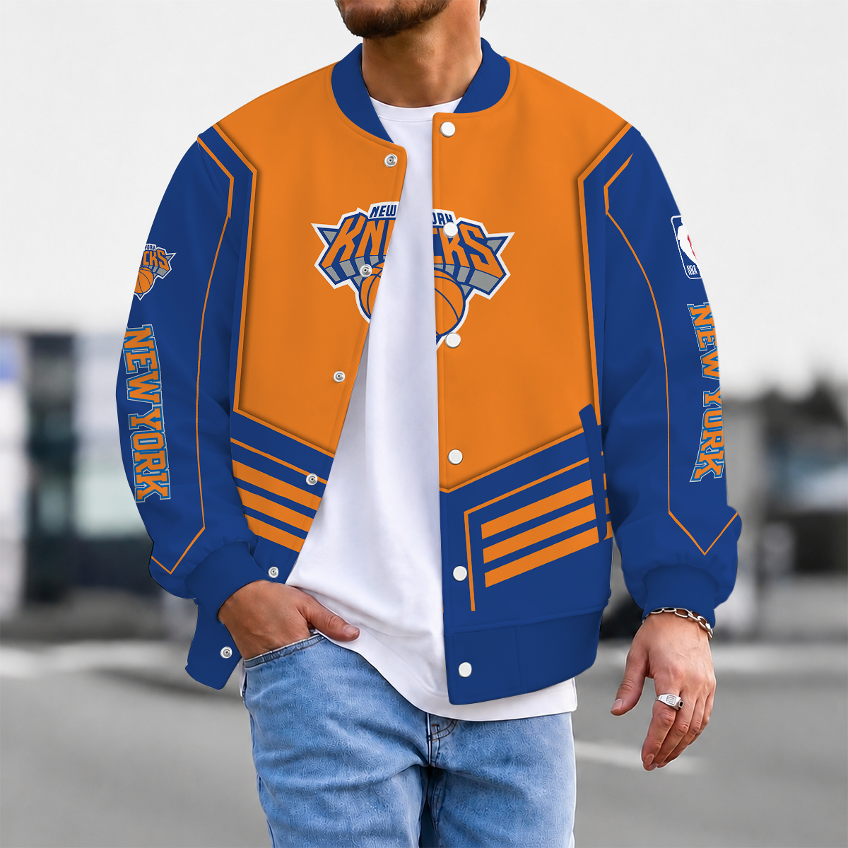 LIMITED DROP - NEW CUSTOMIZED NYK NEW YORK KNICKS BASEBALL JACKET, SATIN VARSITY JACKET - NBA04