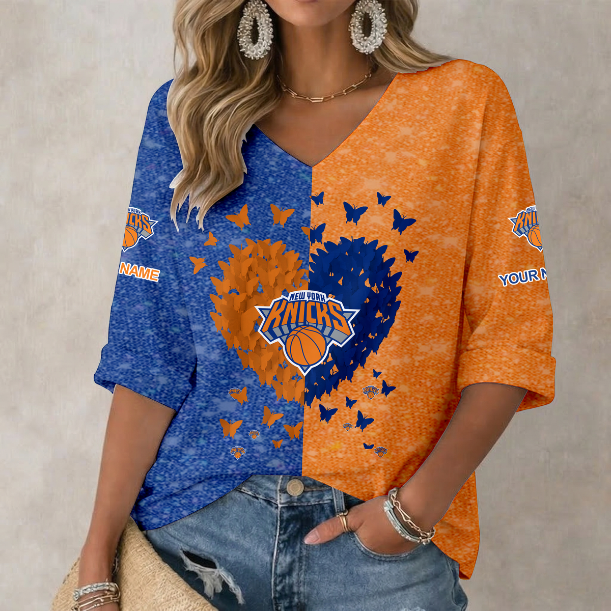 SPECIAL EDITION - NEW CUSTOMIZED NYK NEW YORK KNICKS WOMEN'S HEART V-NECK LONG SLEEVE SHIRT - NBA04