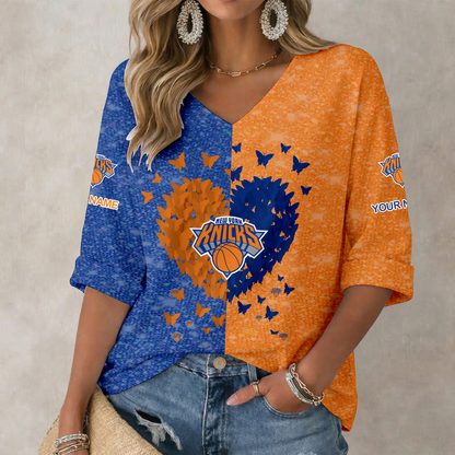 SPECIAL EDITION - NEW CUSTOMIZED NYK NEW YORK KNICKS WOMEN'S HEART V-NECK LONG SLEEVE SHIRT - NBA04