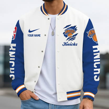 LIMITED DROP - NEW CUSTOMIZED NYK NY KNICKS BASEBALL JACKET, SATIN VARSITY JACKET - NBA04
