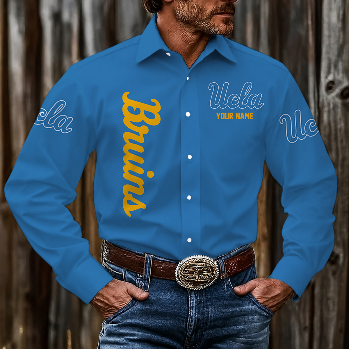 VIRAL EDITION - NEW CUSTOMIZED NCAA MAM04 UCB UCLA BRUINS MEN'S LONG SLEEVE BUTTON-UP SHIRT