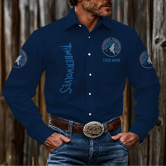 HOT DEAL - NEW CUSTOMIZED NBA05 MTW MINNESOTA TIMBERWOLVES MEN'S LONG SLEEVE BUTTON-UP SHIRT