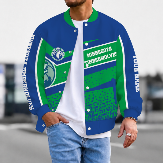 EXCLUSIVE EDITION - NEW CUSTOMIZED NBA05 MTW MINNESOTA TIMBERWOLVES BASEBALL JACKET, SATIN VARSITY JACKET