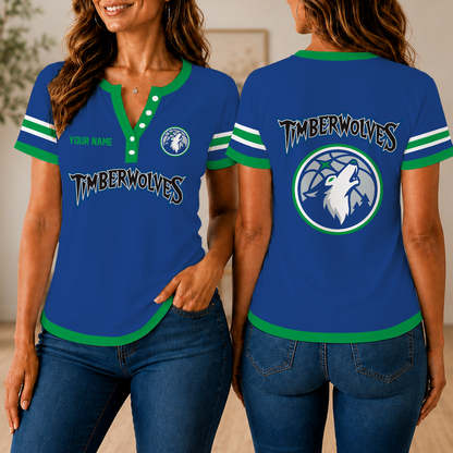 VIRAL EDITION - NEW CUSTOMIZED NBA05 MTW MINNESOTA TIMBERWOLVES  WOMEN'S SHORT SLEEVE HENLEY T-SHIRT