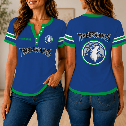 VIRAL EDITION - NEW CUSTOMIZED NBA05 MTW MINNESOTA TIMBERWOLVES  WOMEN'S SHORT SLEEVE HENLEY T-SHIRT