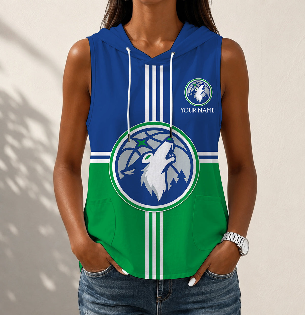 HOT DEAL - NEW CUSTOMIZED NBA05 MTW MINNESOTA TIMBERWOLVES WOMEN'S SLEEVELESS HOODED POCKET TANK TOP